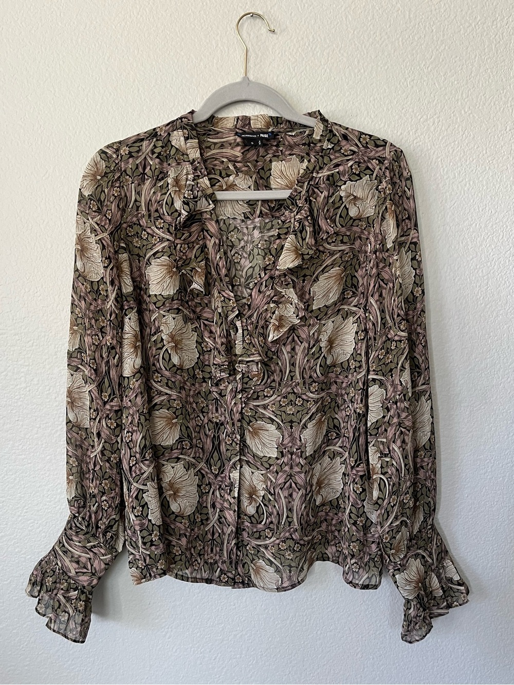 PAIGE x Morris & Co Arianne Botanical Pattern 100% Silk LS Blouse Women's Size S